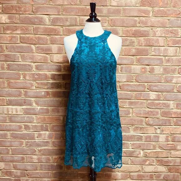 Alter’d State Teal Sequins Annabelle Sleeveless Halter Dress Size Large - Picture 2 of 7